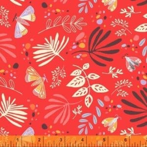 hand drawn moths, and leaves on a red orange background